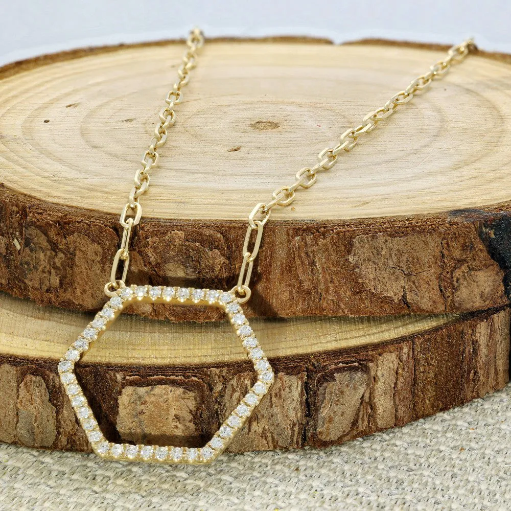 14ct Yellow Gold Pave Diamond Hexagon Necklace 17"