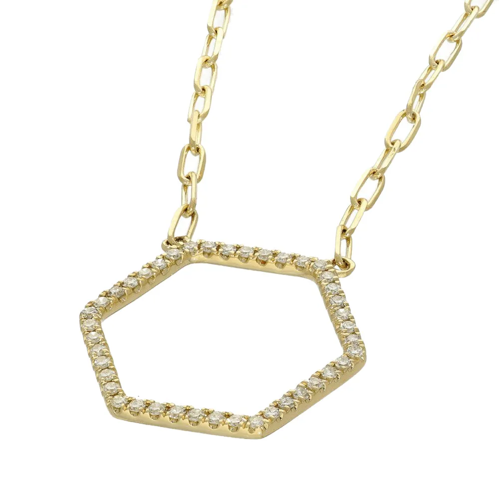 14ct Yellow Gold Pave Diamond Hexagon Necklace 17"