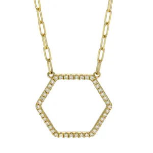14ct Yellow Gold Pave Diamond Hexagon Necklace 17"