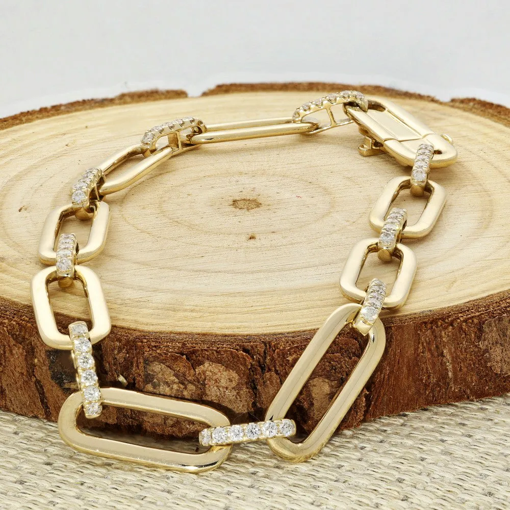 14ct Yellow Gold Pave Diamond Paperclip Link Chain Bracelet