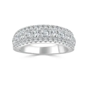 14k Three Row Round and Baguette Diamond Band