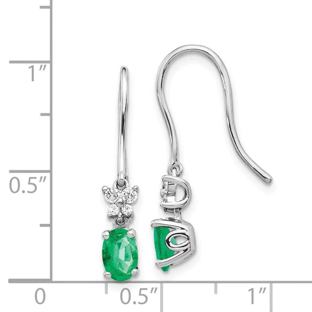 14k White Gold 1/8ct Diamond & Emerald Shepherd Hook Earrings