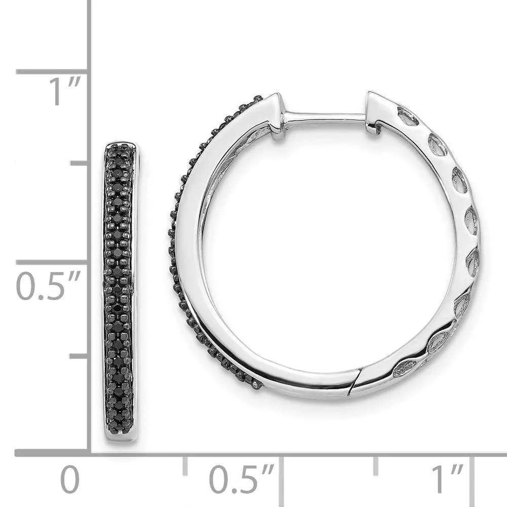 14K White Gold Black Diamond 2mm Hinged Hoop Earrings