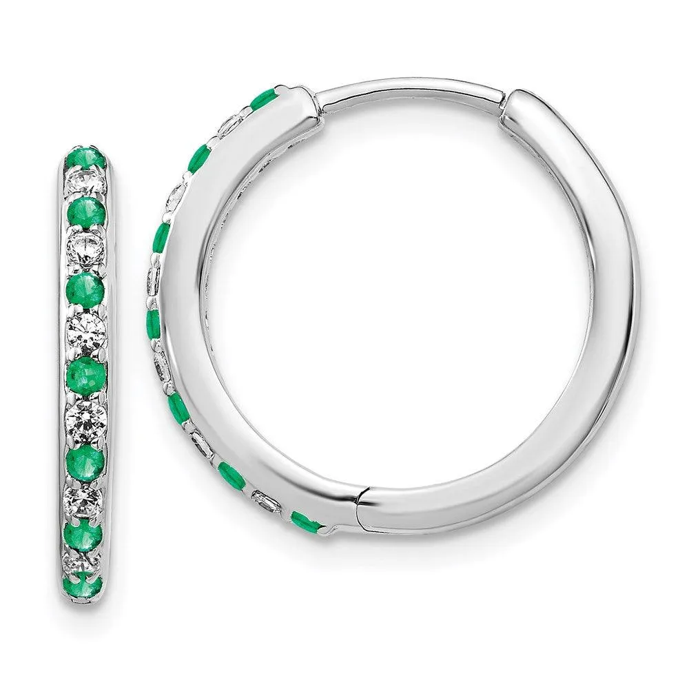 14k White Gold Diamond & Emerald Hinged Hoop Earrings