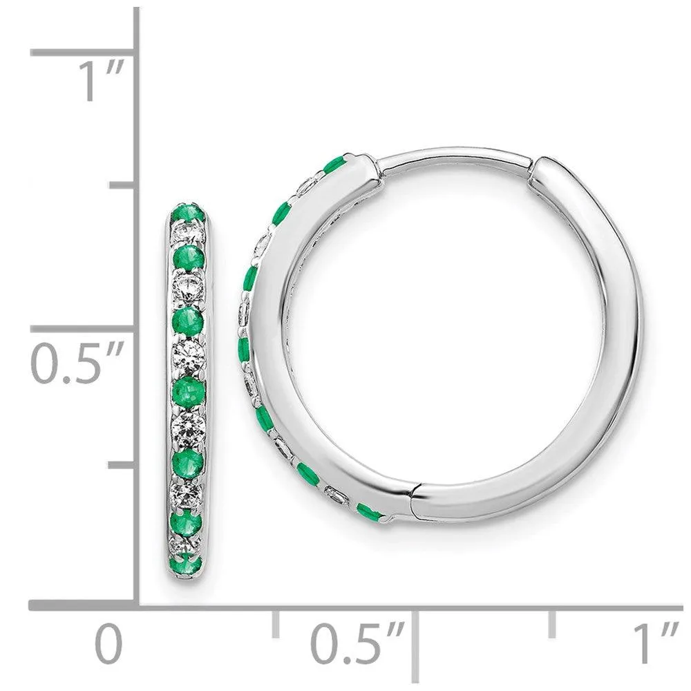 14k White Gold Diamond & Emerald Hinged Hoop Earrings
