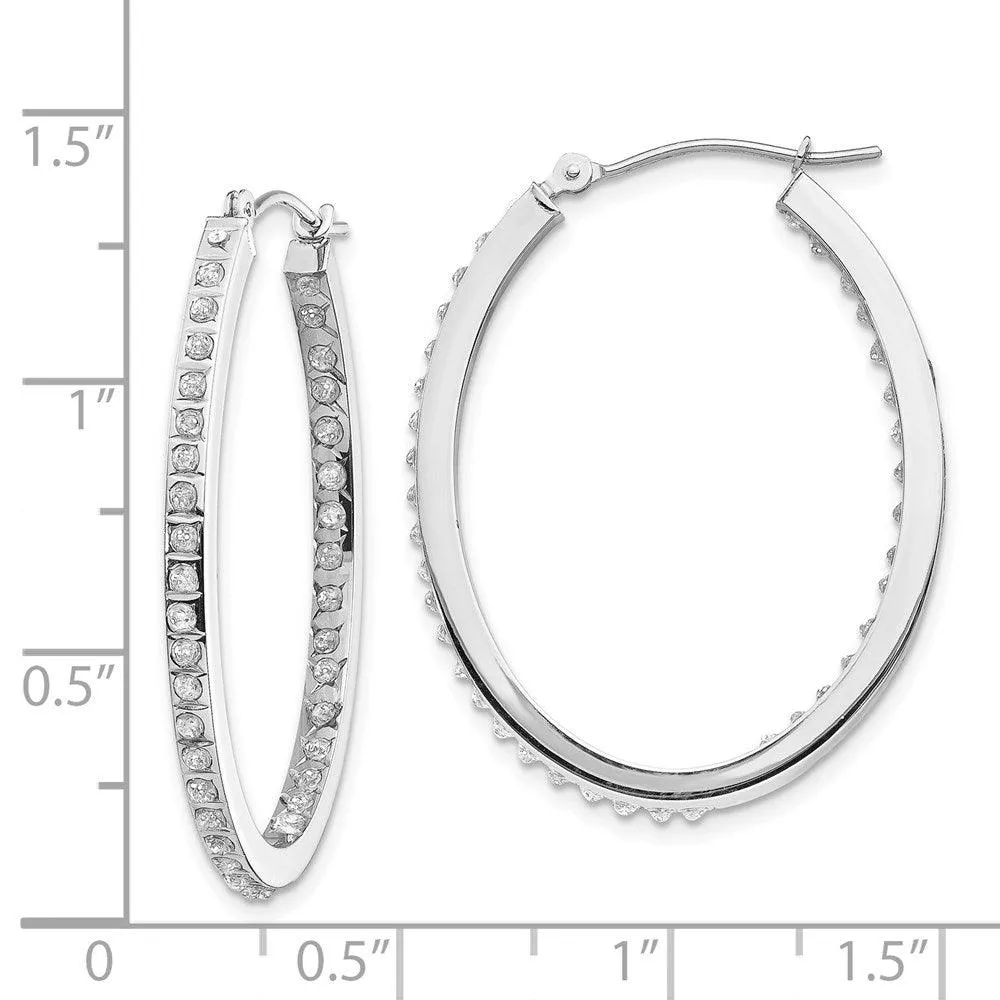 14k White Gold Diamond Fascination Oval Hinged Hoop Earrings