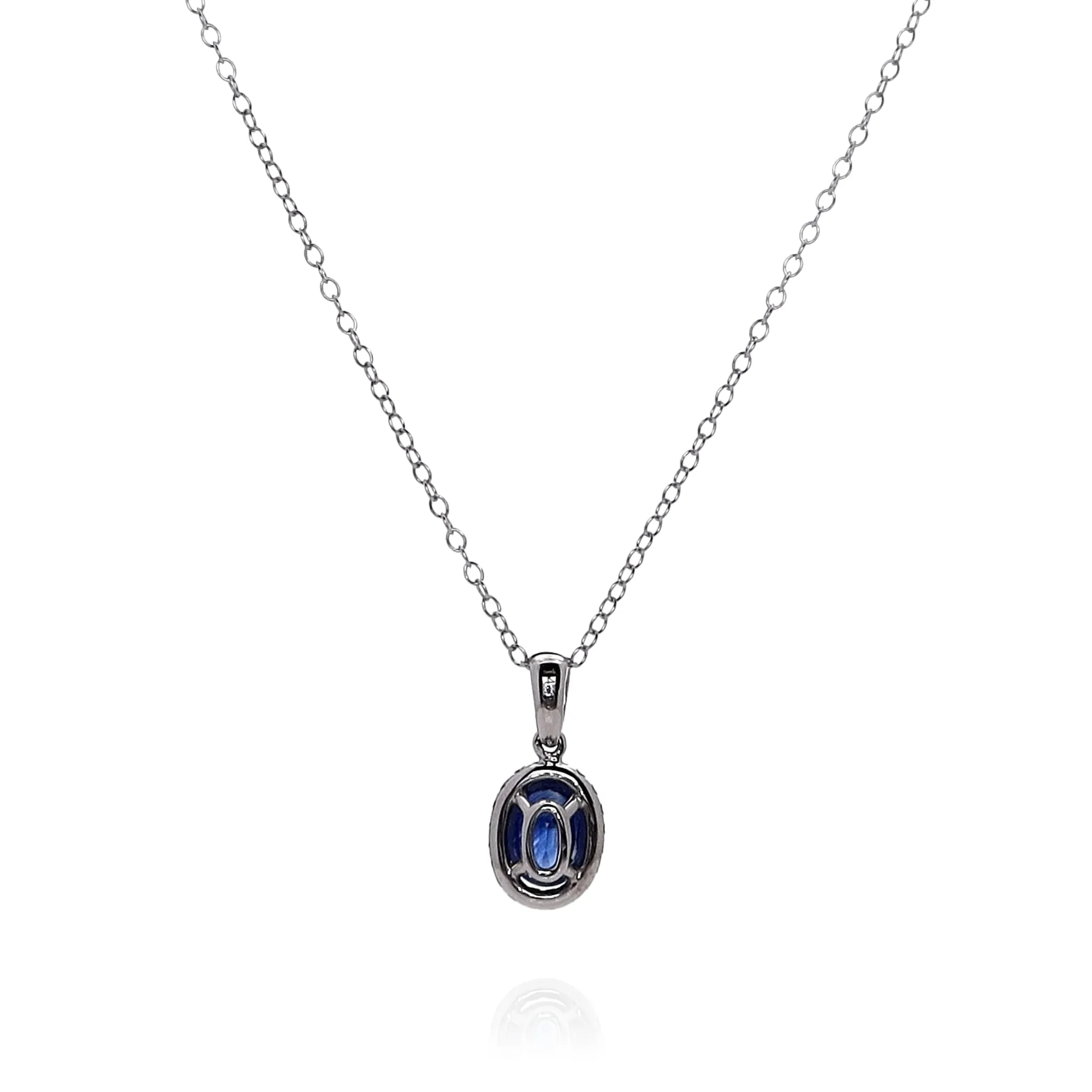 14k White Gold Oval Blue Sapphire and Diamond Halo Pendant Necklace