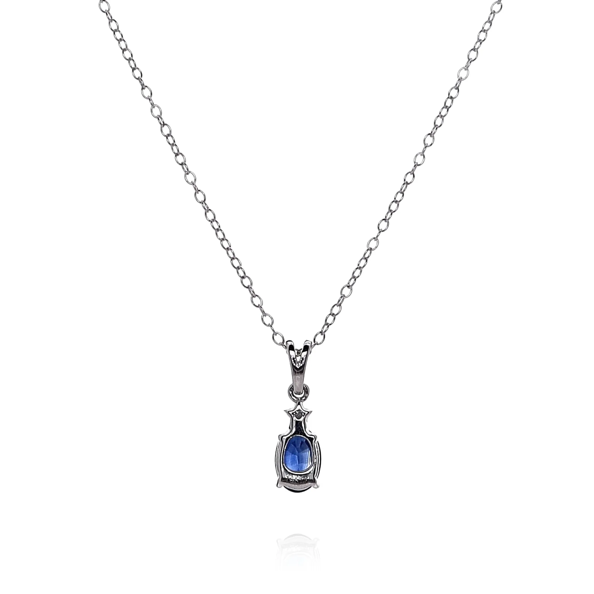 14k White Gold Oval Blue Sapphire and Diamond Pendant Necklace