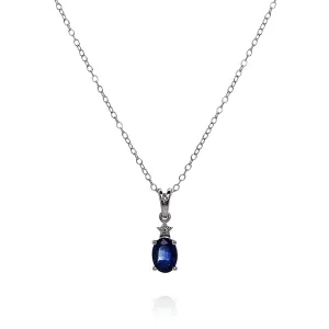 14k White Gold Oval Blue Sapphire and Diamond Pendant Necklace