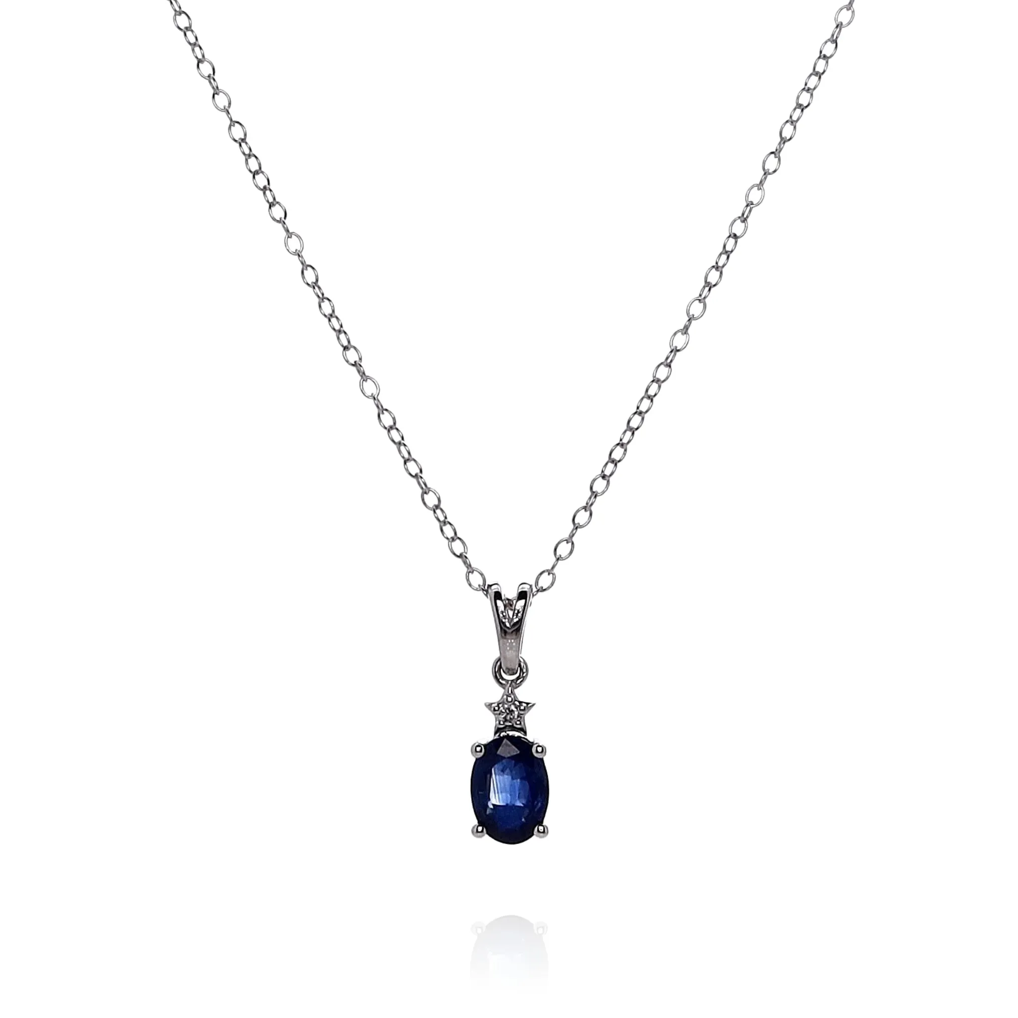 14k White Gold Oval Blue Sapphire and Diamond Pendant Necklace