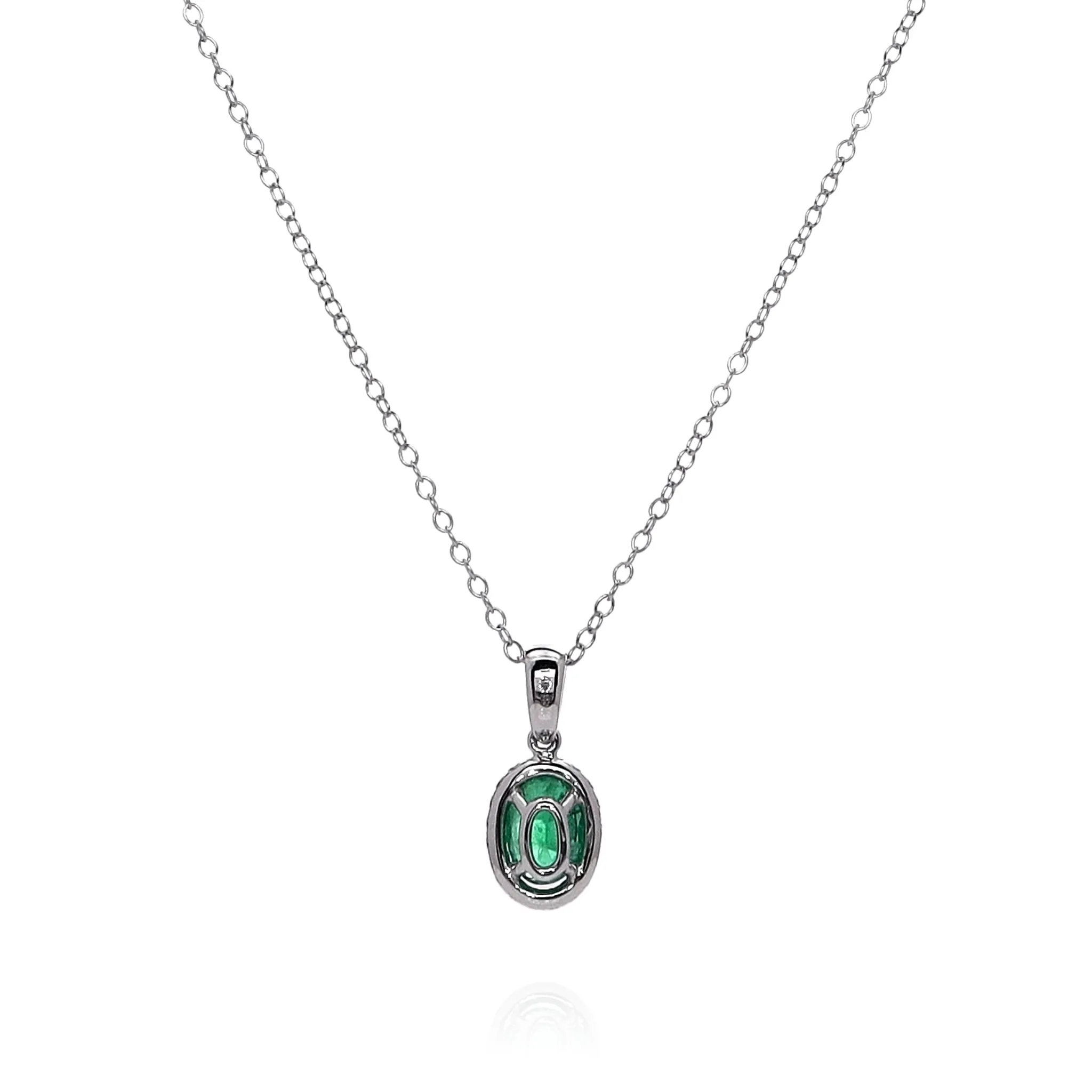 14k White Gold Oval Emerald and Diamond Halo Pendant Necklace