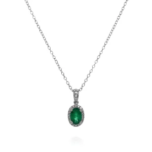14k White Gold Oval Emerald and Diamond Halo Pendant Necklace