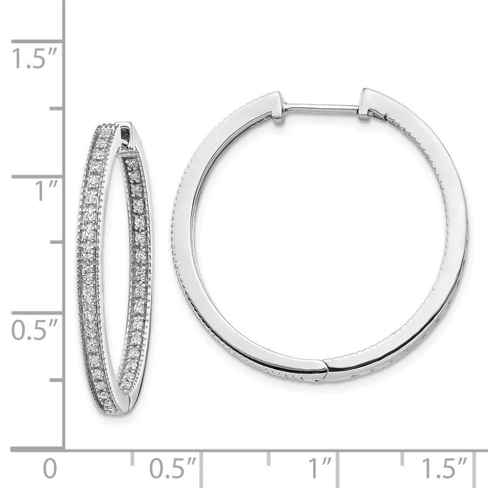 14K White Gold Polished Diamond In and Out Hinged Hoop Earrings