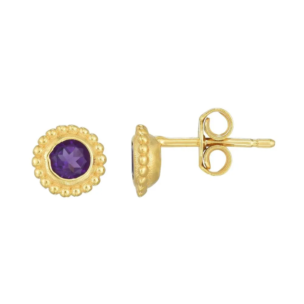 14k Yellow Gold Beaded Edge Amethyst Stud Earrings