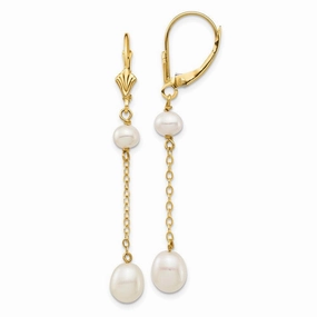 14K 5-7mm White Rice Freshwater Cultured Pearl Leverback Earrings