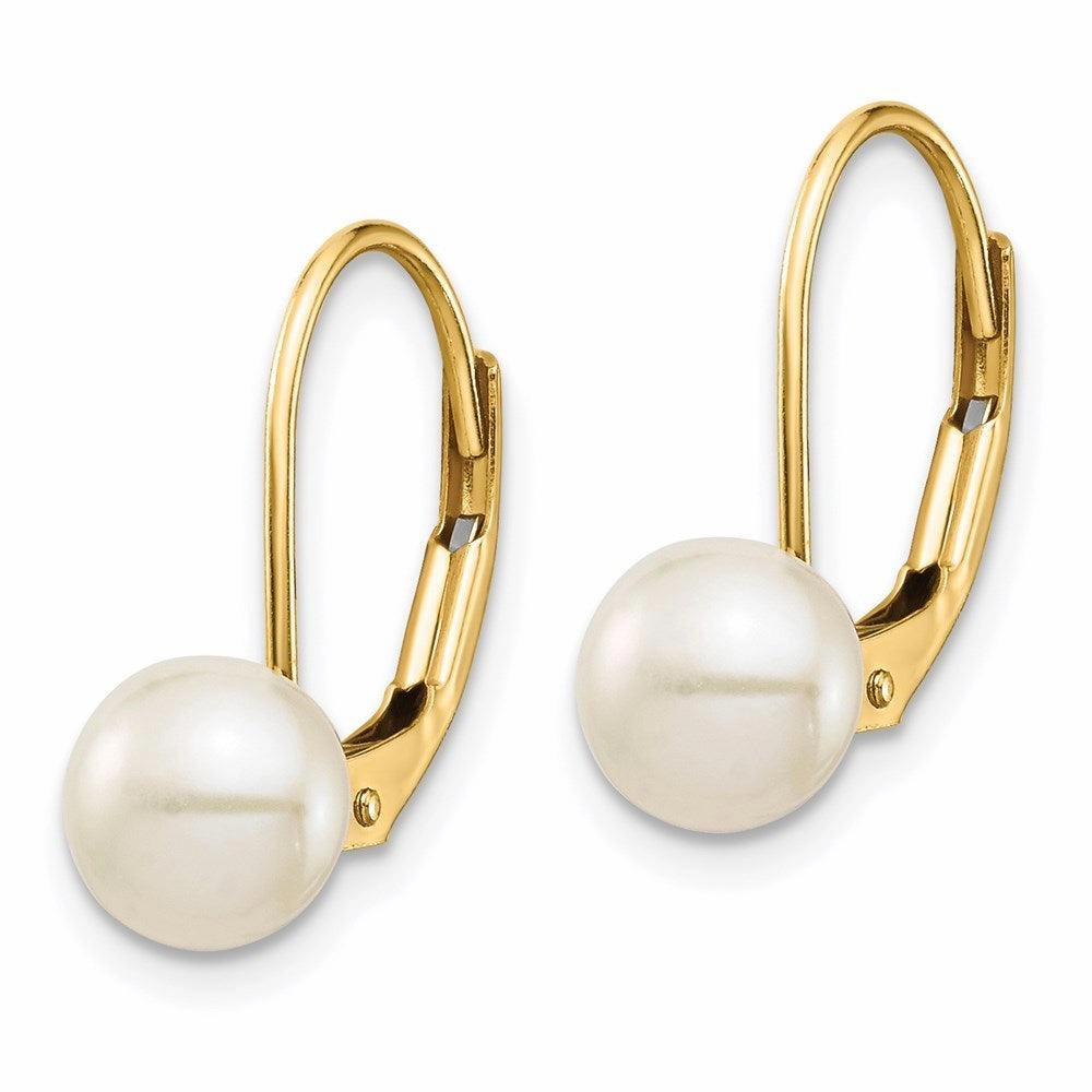 14K 6-7mm White Button Freshwater Cultured Pearl Leverback Earrings