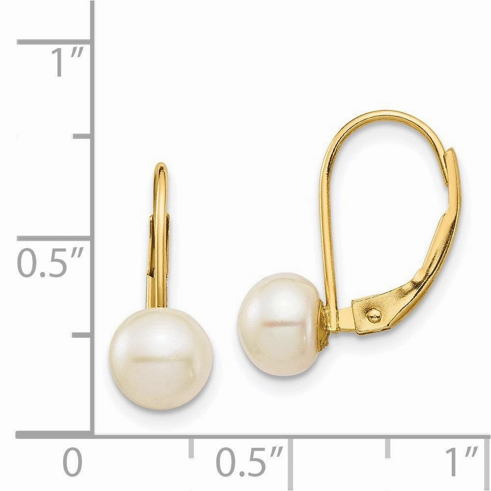 14K 6-7mm White Button Freshwater Cultured Pearl Leverback Earrings