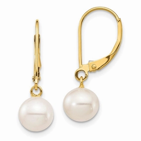 14K 7-8mm White Round Freshwater Cultured Pearl Leverback Earrings