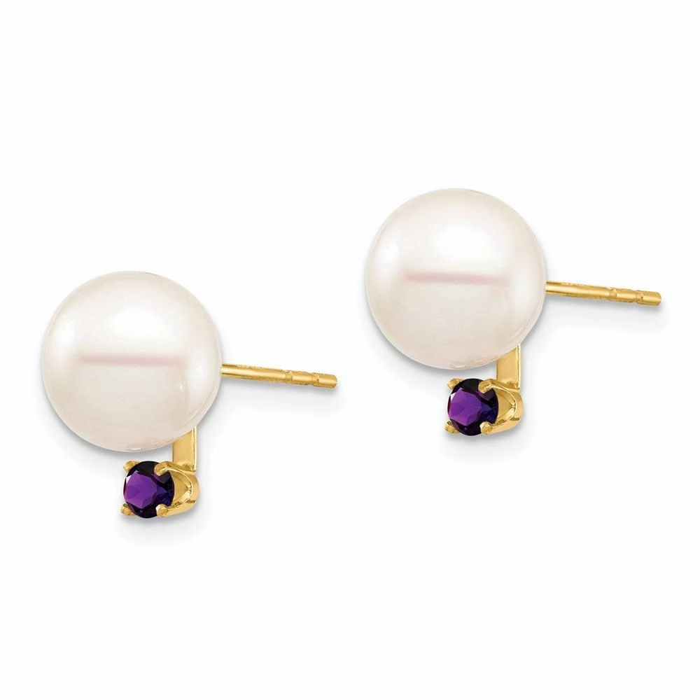 14K 8-8.5mm White Round Freshwater Cultured Pearl Amethyst Post Earrings