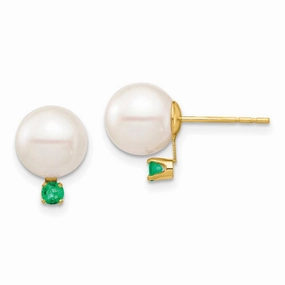 14K 8-8.5mm White Round Freshwater Cultured Pearl Emerald Post Earrings