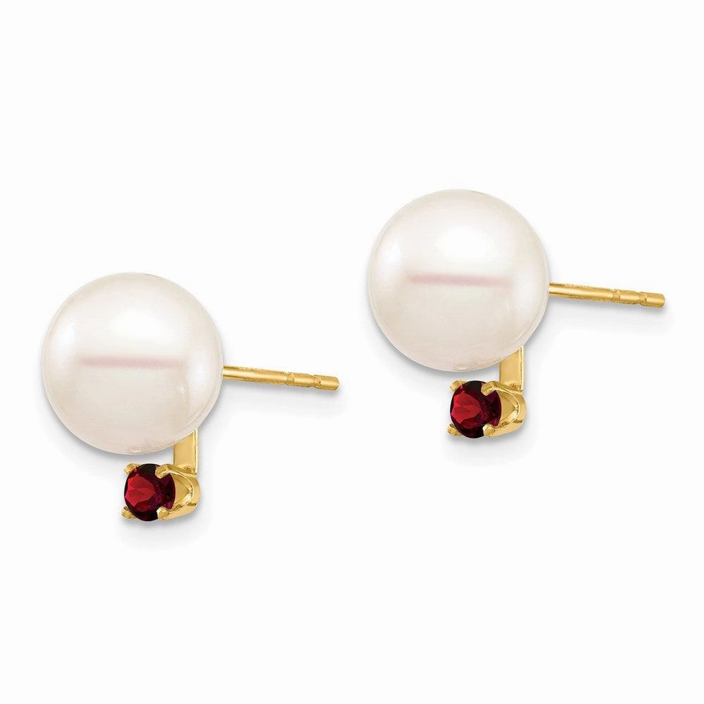 14K 8-8.5mm White Round Freshwater Cultured Pearl Garnet Post Earrings