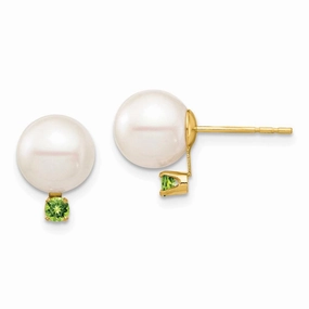 14K 8-8.5mm White Round Freshwater Cultured Pearl Peridot Post Earrings