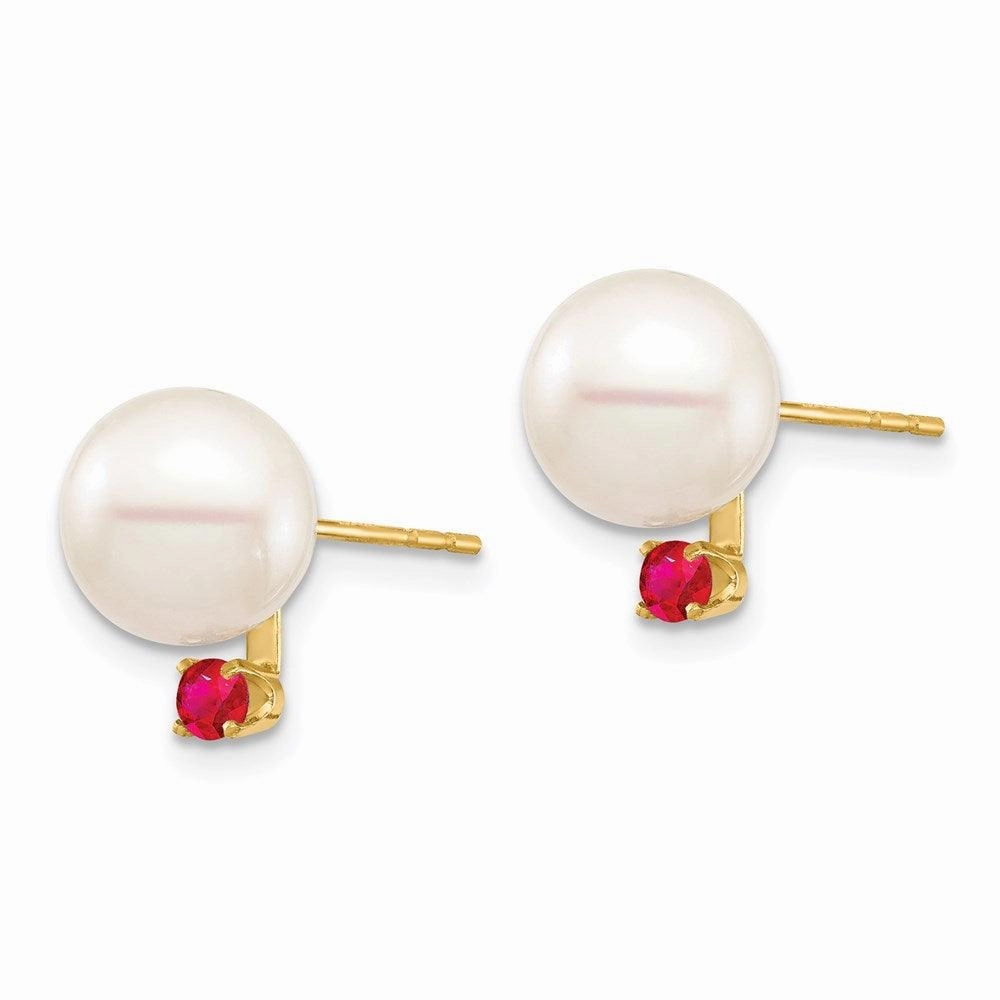 14K 8-8.5mm White Round Freshwater Cultured Pearl Ruby Post Earrings