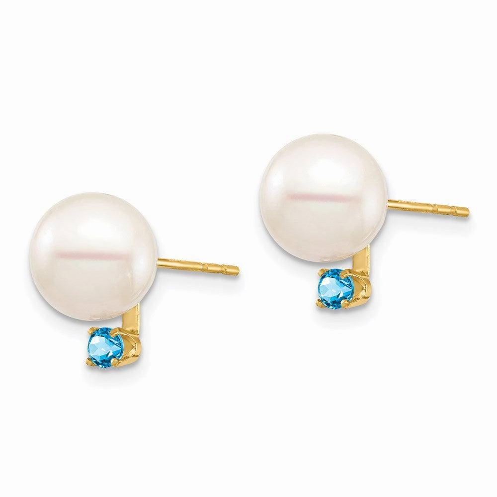 14K 8-8.5mm White Round FW Cultured Pearl Swiss Blue Topaz Post Earrings