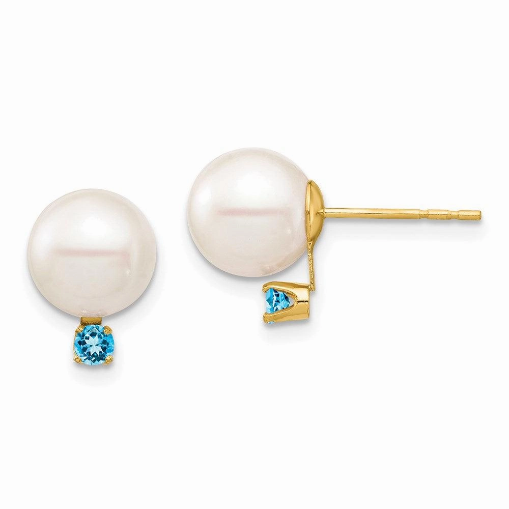 14K 8-8.5mm White Round FW Cultured Pearl Swiss Blue Topaz Post Earrings
