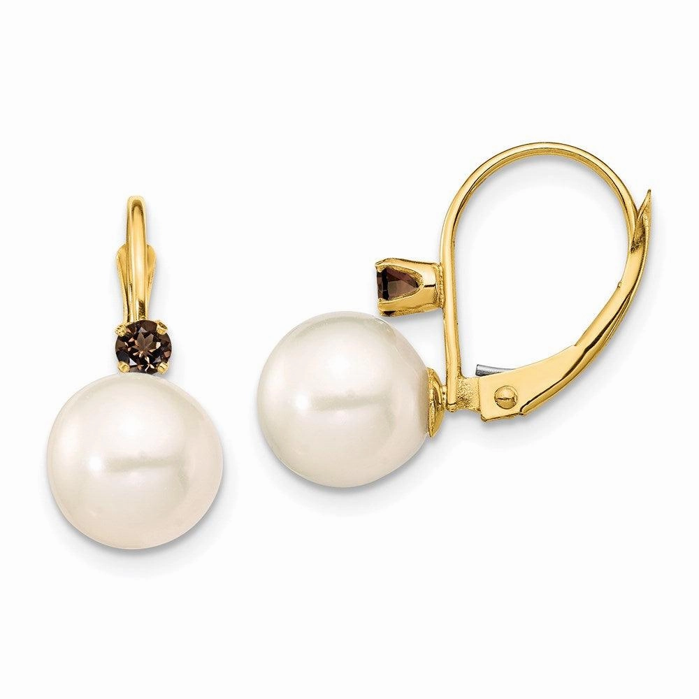14K 8-8.5mm White Round FWC Pearl Smokey Quartz Leverback Earrings