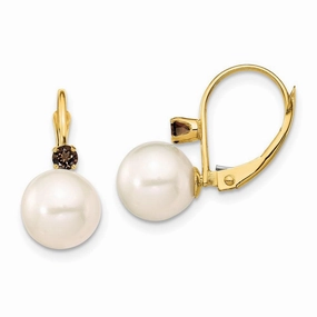 14K 8-8.5mm White Round FWC Pearl Smokey Quartz Leverback Earrings