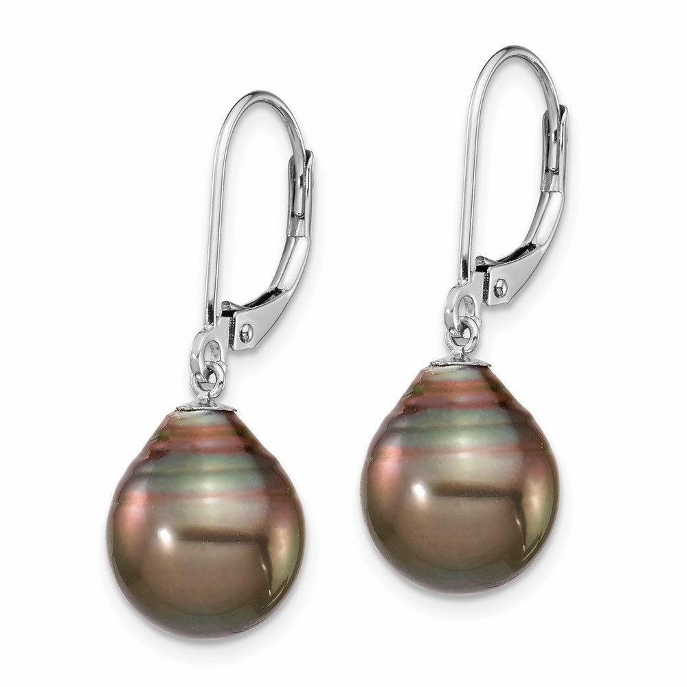 14K WG 10-11mm Teardrop Saltwater Cultured Tahitian Leverback Earrings