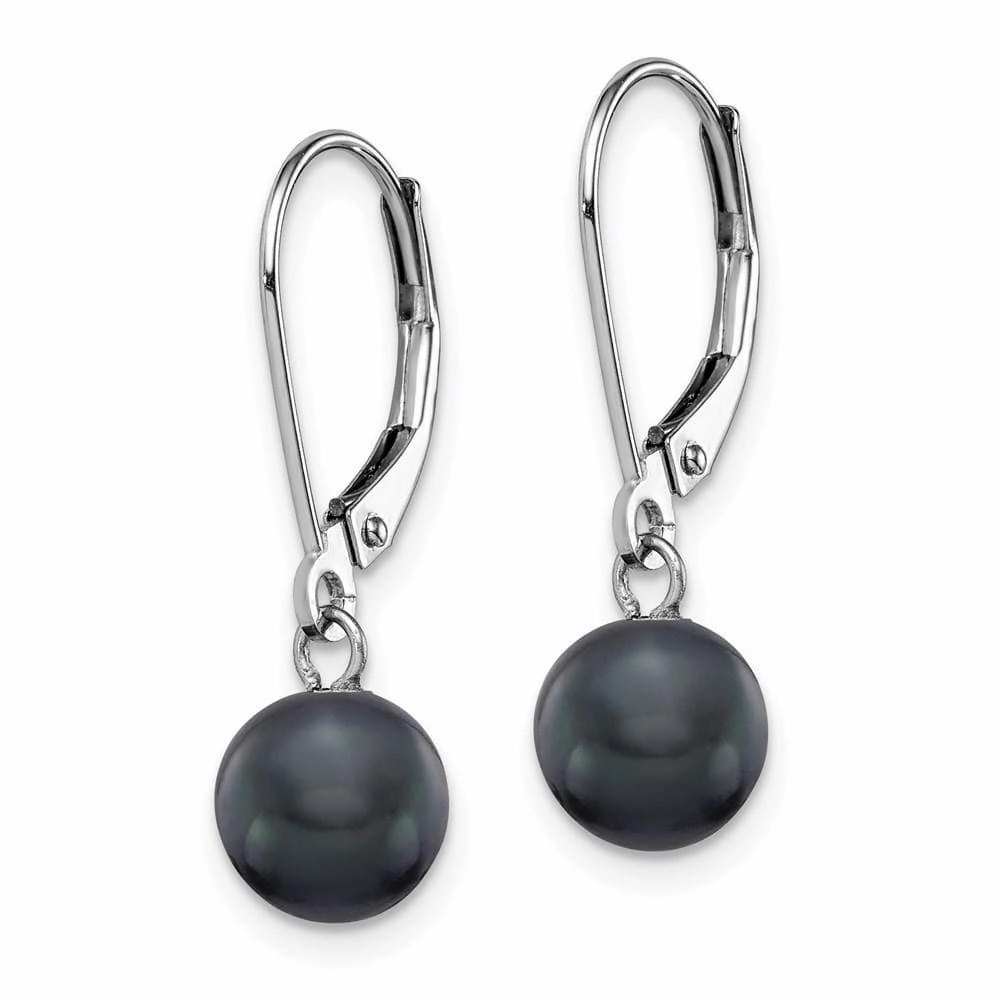 14K White Gold 7-7.5mm Black Round FWC Pearl Leverback Earrings