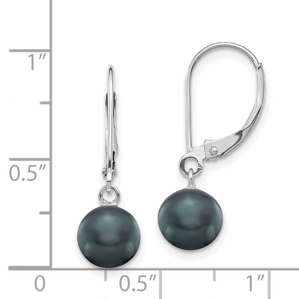 14K White Gold 7-7.5mm Black Round FWC Pearl Leverback Earrings
