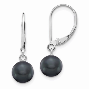 14K White Gold 7-7.5mm Black Round FWC Pearl Leverback Earrings