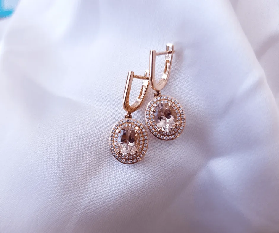 18ct Rose Gold Morganite and Diamond Cluster Drop Earrings