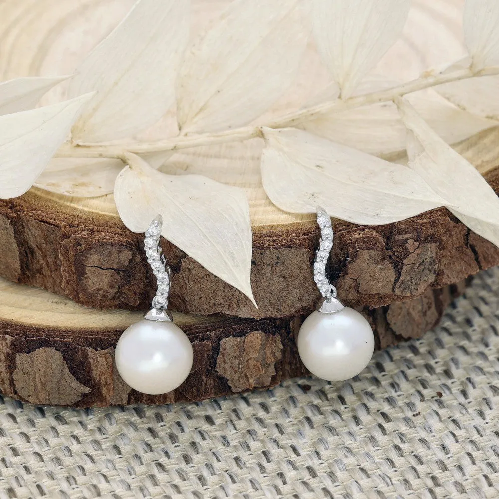18ct White Gold 8-8.5mm Freshwater Pearl & Diamond Drop Earrings