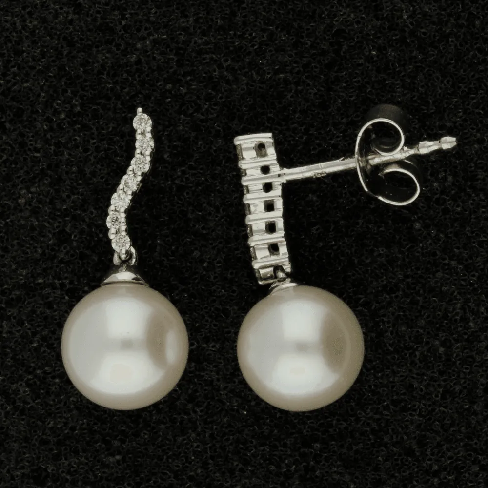 18ct White Gold 8-8.5mm Freshwater Pearl & Diamond Drop Earrings