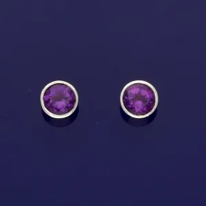 18ct White Gold Amethyst 4.5mm Rub-over Stud Earrings