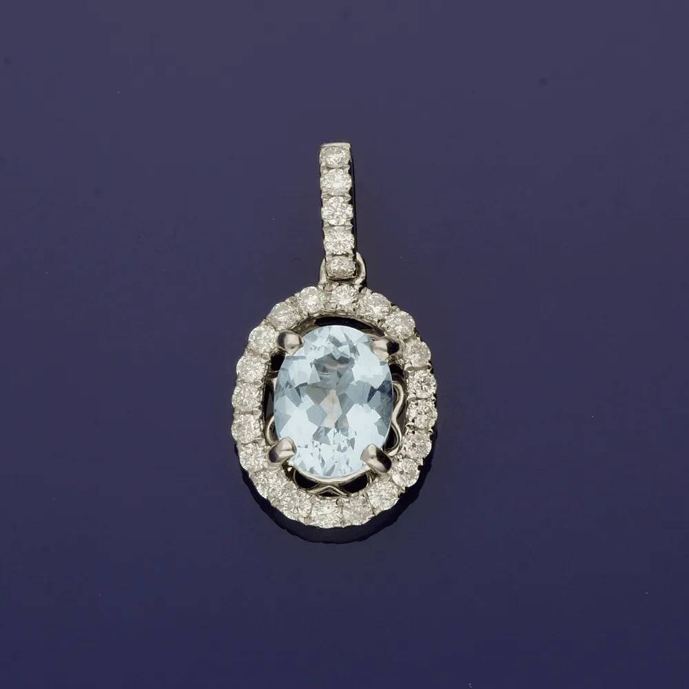 18ct White Gold Aquamarine and Diamond Halo Oval Pendant