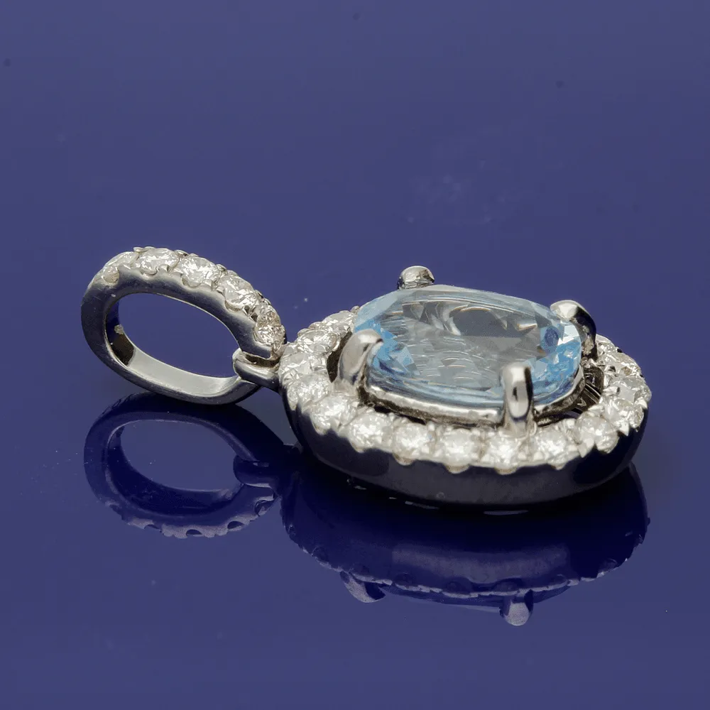 18ct White Gold Aquamarine and Diamond Halo Oval Pendant
