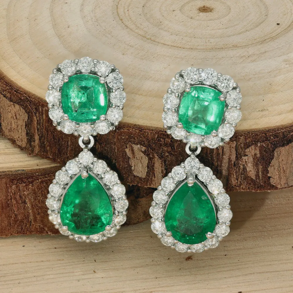 18ct White Gold Emerald & Diamond Halo Cluster Drop Earrings