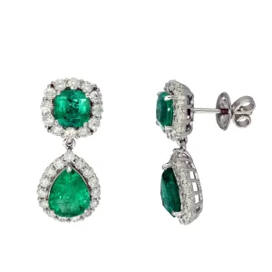 18ct White Gold Emerald & Diamond Halo Cluster Drop Earrings