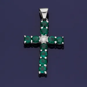 18ct White Gold Emerald and Diamond Cross Pendant