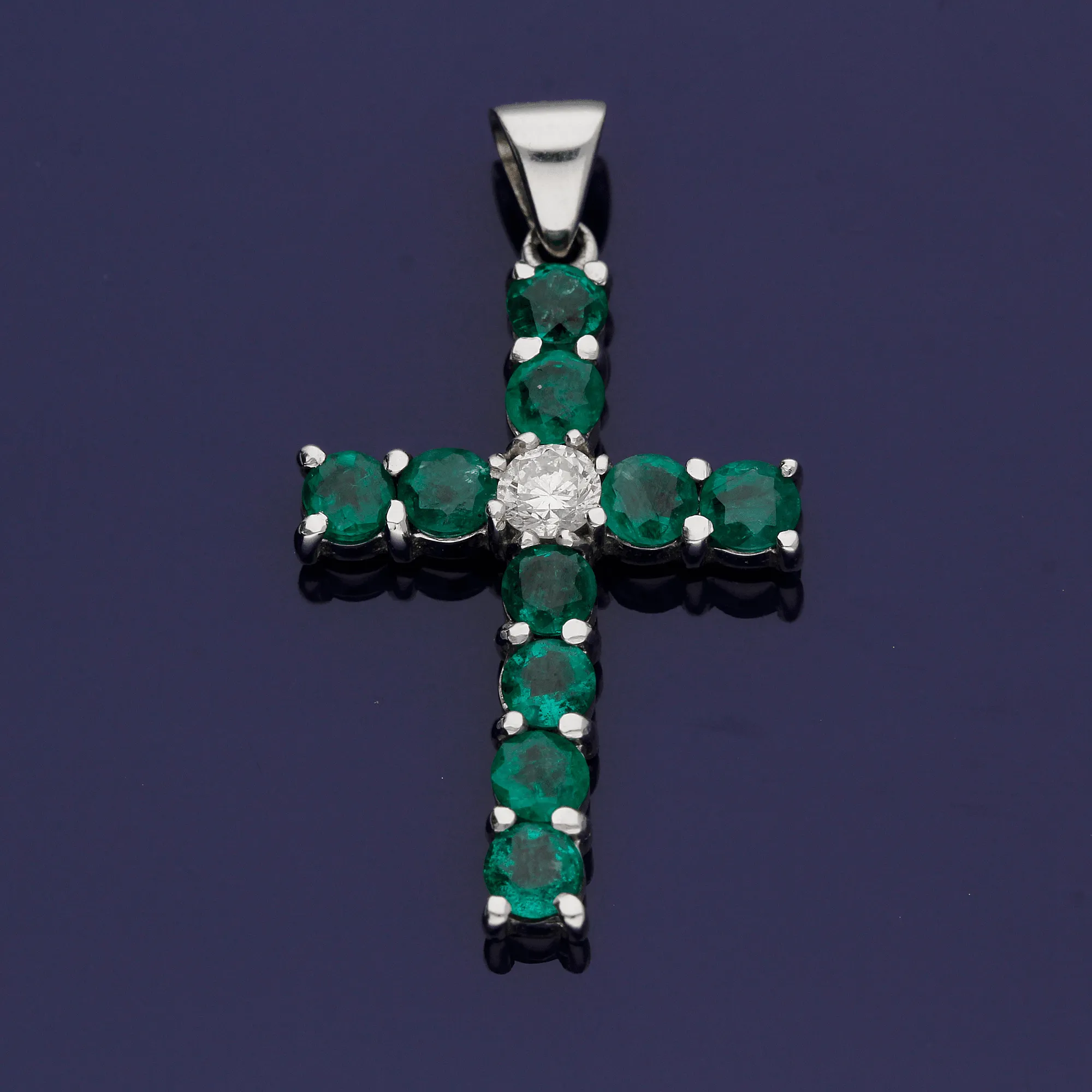 18ct White Gold Emerald and Diamond Cross Pendant
