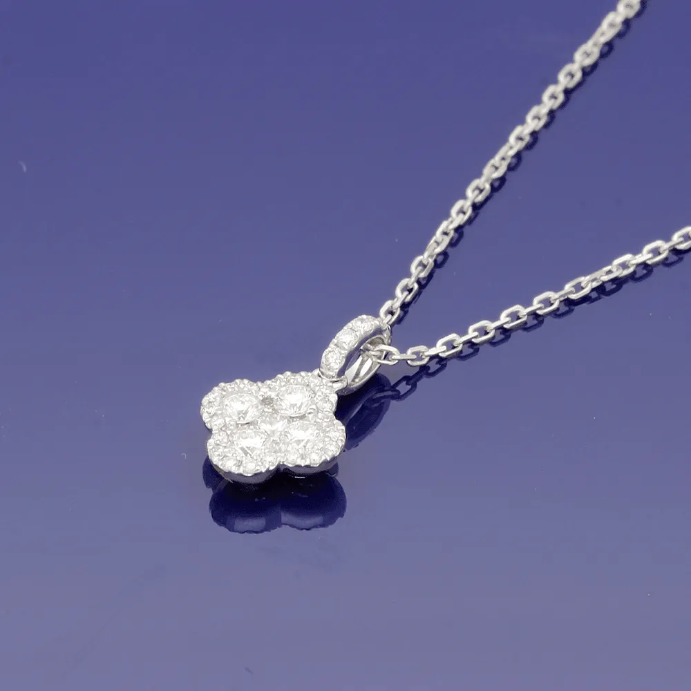 18ct White Gold Pave Diamond Clover Design Necklace 18"