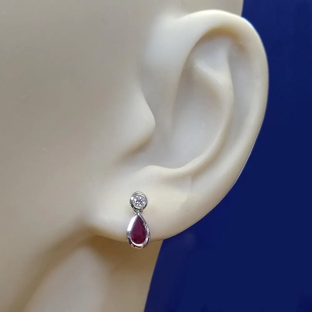 18ct White Gold Pear Shape Ruby and Diamond Bezel Set Tear Drop Earrings