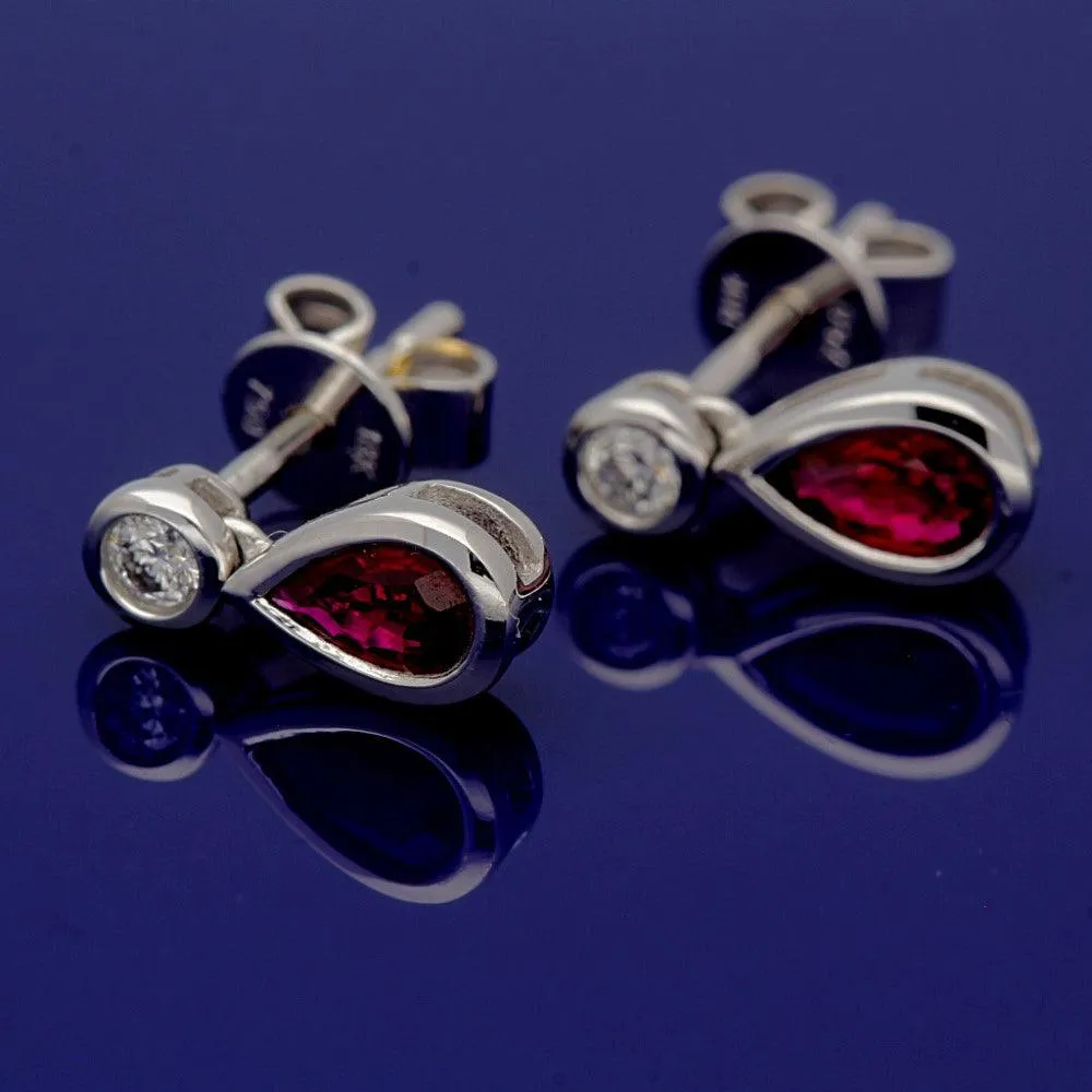 18ct White Gold Pear Shape Ruby and Diamond Bezel Set Tear Drop Earrings