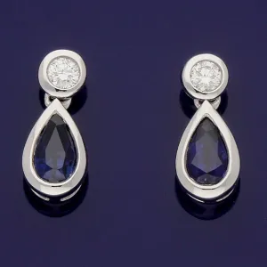 18ct White Gold Pear Shape Sapphire and Diamond Drop Earrings