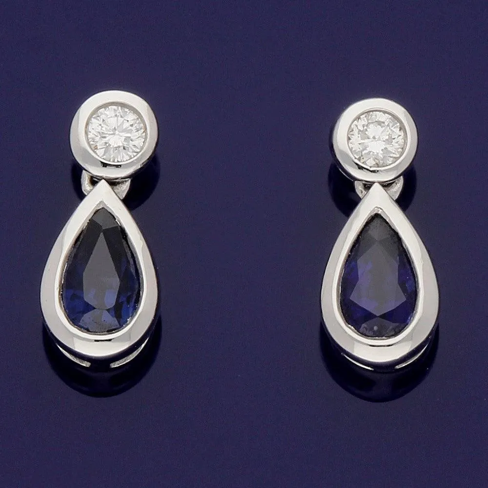 18ct White Gold Pear Shape Sapphire and Diamond Drop Earrings